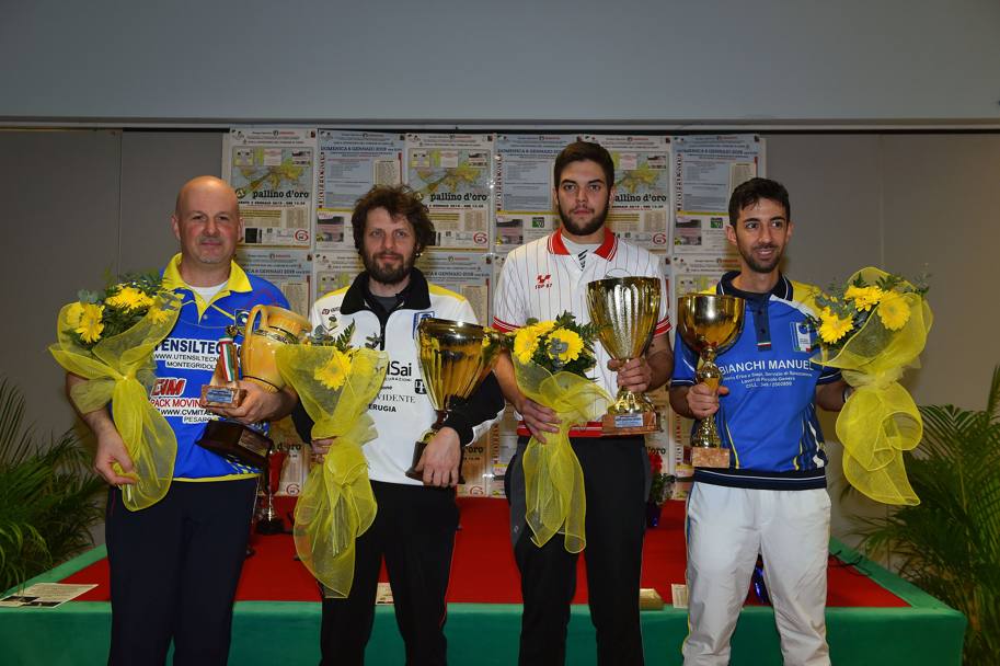 41 Pallino d&#39;oro: il podio dei premiati: da sinistra Gianluca Manuelli, Luca Santucci l’elvetico Aramis Gianinazzi e il ferrarese Andrea Mazzoni
